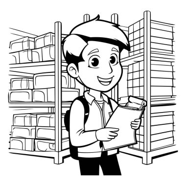 Depo çalışanı karikatürü siyah beyaz vektör illüstrasyon grafik tasarımı.