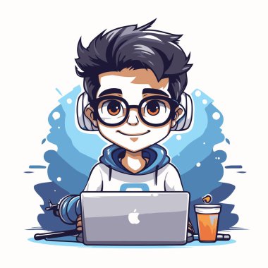 Dizüstü bilgisayarı ve kahvesi olan tatlı bir çocuk. Vektör illüstrasyonu.