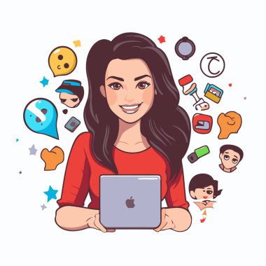 Laptop ve sosyal medya ikonlarıyla genç bir kadın. Çizgi film tarzında vektör illüstrasyonu