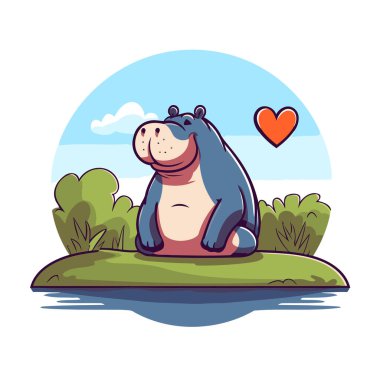 Çimlerin üzerinde oturan su aygırı. Çizgi film tarzında vektör illüstrasyonu