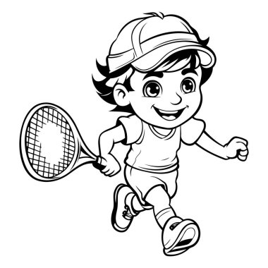 Tenis oynayan bir çocuk. Vektör çizimi. Çocuklar için boyama kitabı.