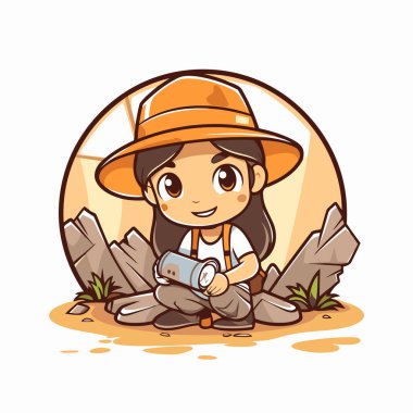 Yerde oturan kameralı tatlı kız. Vektör illüstrasyonu.