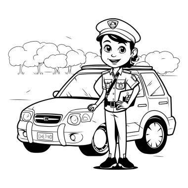 Arabalı bir polis memuru. Çizgi film vektör çizimi. siyah ve beyaz