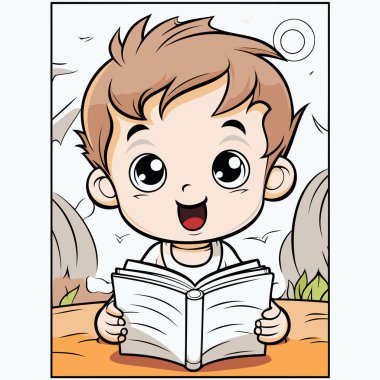 Beyaz arka planda kitap okuyan bir çocuğun resmi..