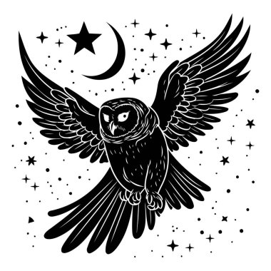 Kanatlı baykuş. Ay ve yıldızlar. Siyah ve beyaz vektör çizimi.