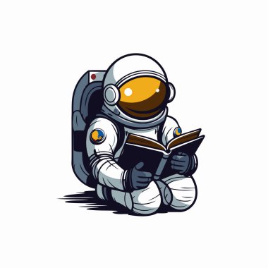Astronot kitap okuyor. Beyaz arkaplanda vektör illüstrasyonu.