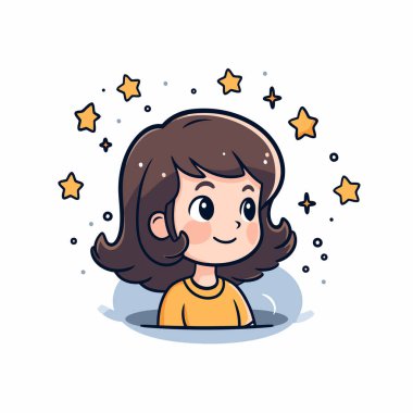 Yıldızları olan sevimli küçük bir kız. Çizgi film tarzında vektör illüstrasyonu.