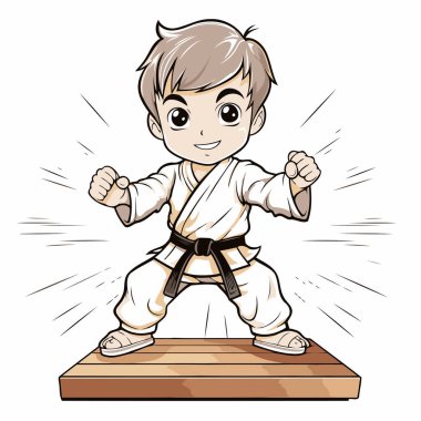 Beyaz kimonolu karateci çocuk. Vektör çizgi film illüstrasyonu.