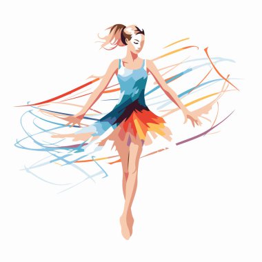 Renkli bir elbiseyle dans eden güzel bir balerin. Vektör illüstrasyonu.