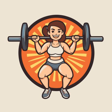 Fitness kadını halteri kaldırıyor. Çizgi film tarzında vektör illüstrasyonu.