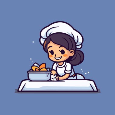 Küçük tatlı aşçı kız yemek yapıyor. Çizgi film tarzında vektör illüstrasyonu.