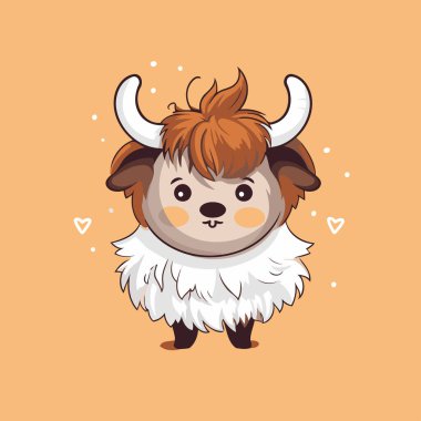 Boynuzlu şirin çizgi film öküzü. Turuncu arkaplanda izole edilmiş vektör illüstrasyonu.