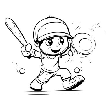 Beyzbol oynayan şirin çocuğun karikatür çizimi - Boyama Kitabı