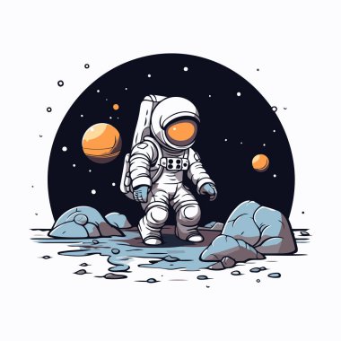 Ayın arka planında bir astronot. Vektör illüstrasyonu.