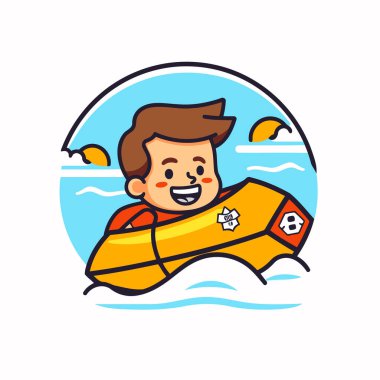 Şişme teknedeki çocuk. Beyaz arkaplanda çizgi film tarzında vektör illüstrasyonu.