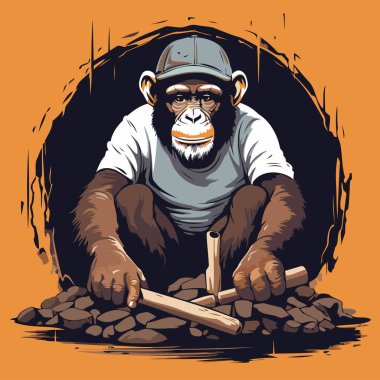 Elinde çekiçle maymun. Tasarımınız için vektör illüstrasyonu