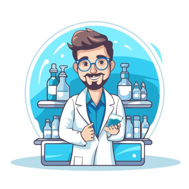 Laboratuvar önlüğü ve gözlüklü bilim adamı. Vektör illüstrasyonu.