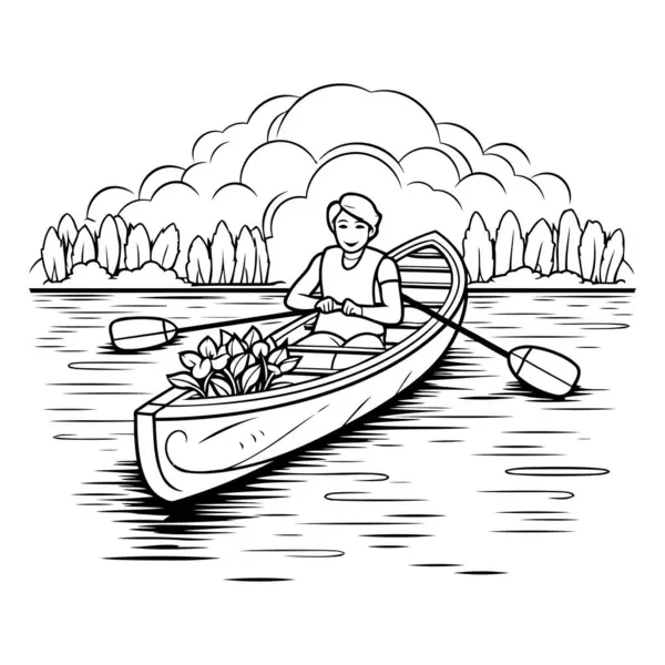 Homme Canot Sur Lac Illustration Vectorielle Noir Blanc — Image vectorielle