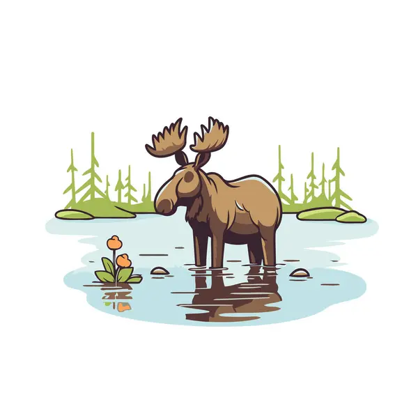 驼鹿在水里 池塘里的麋鹿的矢量图解 — 图库矢量图片