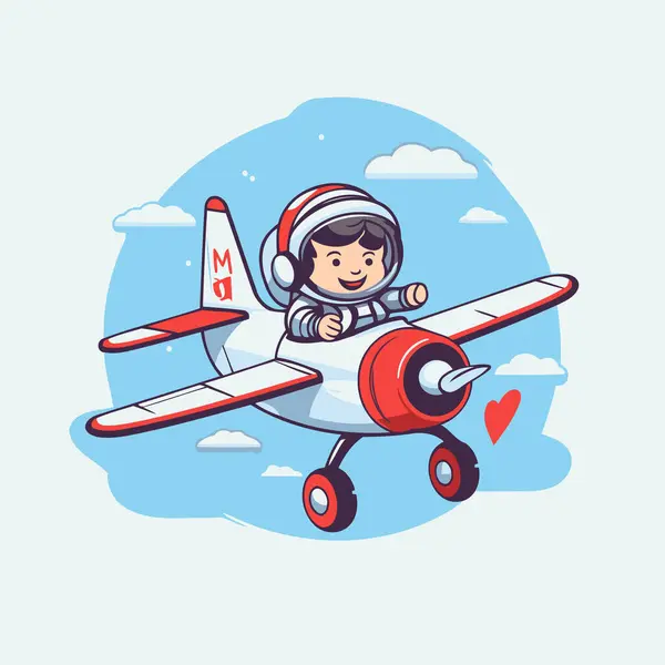 Cute Little Boy Flying Plane Cartoon Vector Illustration — Stock Vector