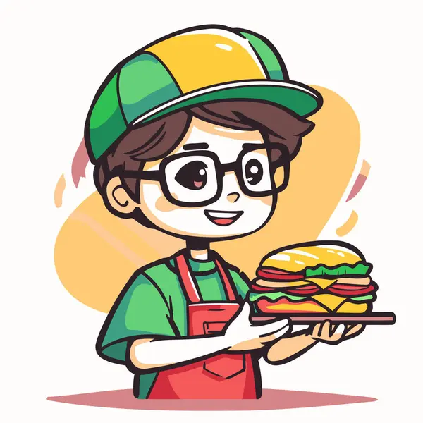 stock vector Illustration of a Kid Boy Holding a Burger and Chefs Hat