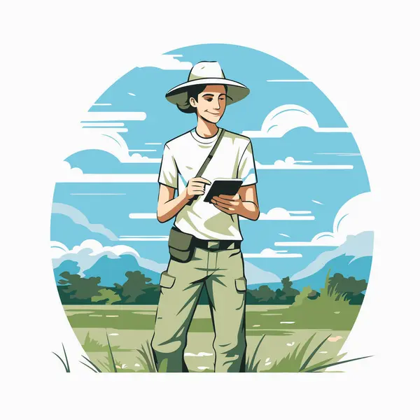 Illustration Vectorielle Jeune Homme Coiffé Une Tablette — Image vectorielle