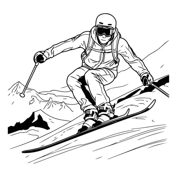 Skiing Skier Black White Vector Illustration — Stock Vector