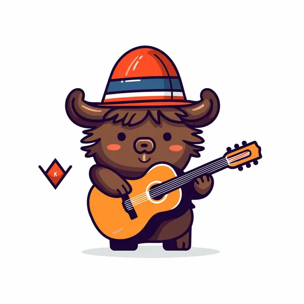 Cute Little Bull Hat Guitar Vector Illustration — Stock Vector