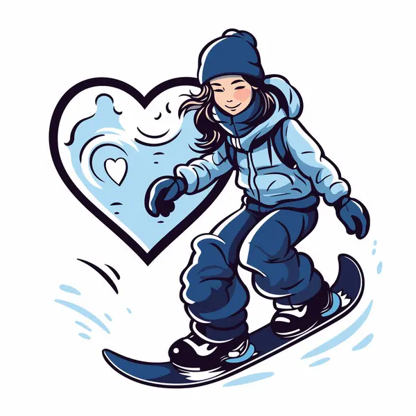 Snowboarder Menina Esquis Coração Ilustração Vetorial — Vetor de Stock