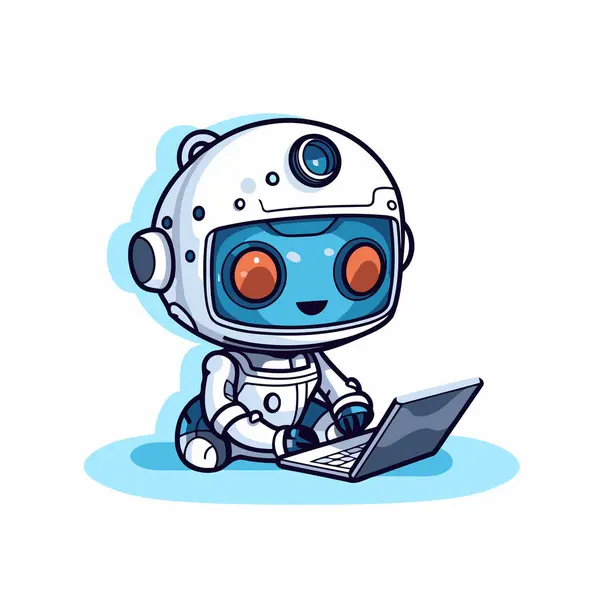 Cute Robot Working Laptop Cartoon Vector Illustration Isolated White Background — Stock Vector