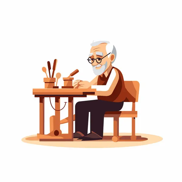 stock vector Elderly man sitting at table and working in his workshop. grandfather character vector Illustration