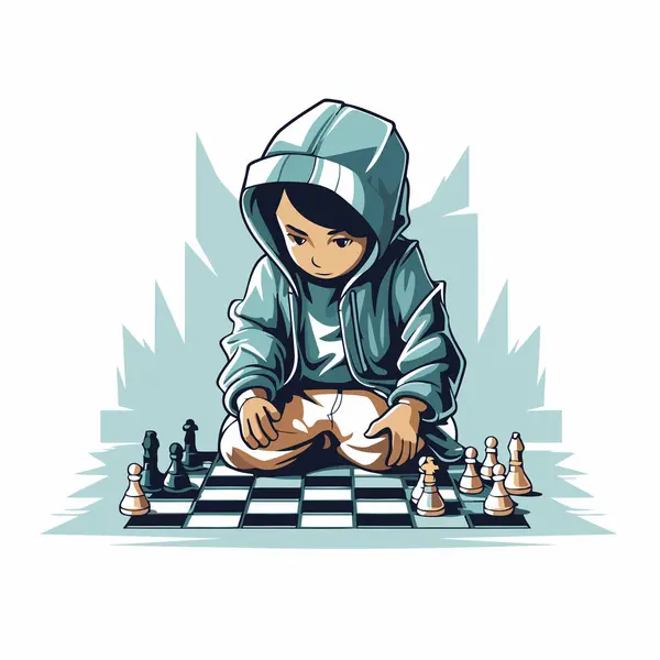 Little Boy Playing Chess Vector Illustration Isolated White Background Cartoon — Stock Vector