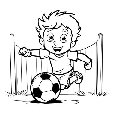 Futbol oynayan çocuk - Siyah ve Beyaz Vektör Çizgi Film İllüstrasyonu. Beyaz Arkaplanda İzole Edilmiş