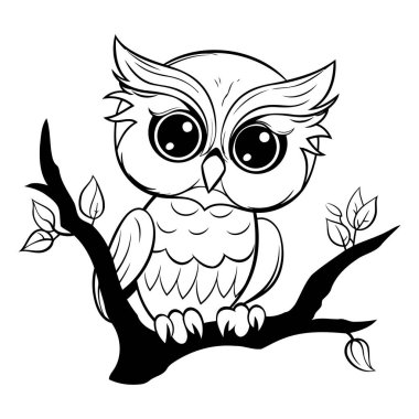 Baykuş ağaç dalında oturuyor. Siyah ve beyaz vektör çizimi.