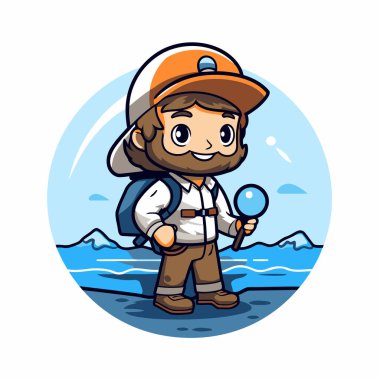 Harita ve büyüteçle çizgi film kaşifi. Vektör illüstrasyonu.