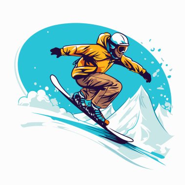 Dağlarda atlayan bir snowboardcu. Snowboder vektör çizimi.