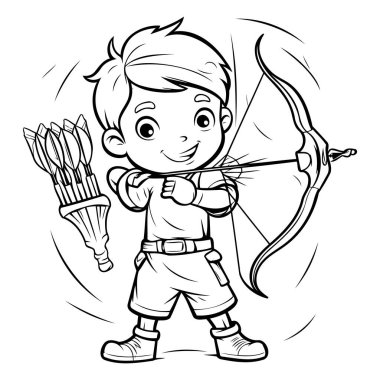 Black and White Cartoon Illustration of Cute Little Boy Archer Character with Bow and Arrow for Coloring Book clipart