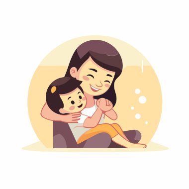 Anne ve kızı yerde oturup sarılıyorlar. Çizgi film tarzında vektör illüstrasyonu.