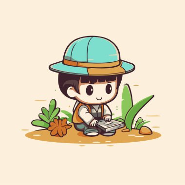 Dürbünlü ve haritalı bir izci. Vektör çizgi film illüstrasyonu.