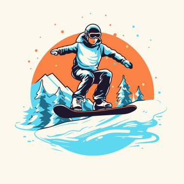 Dağlarda snowboardcu. Retro biçiminde vektör illüstrasyonu.