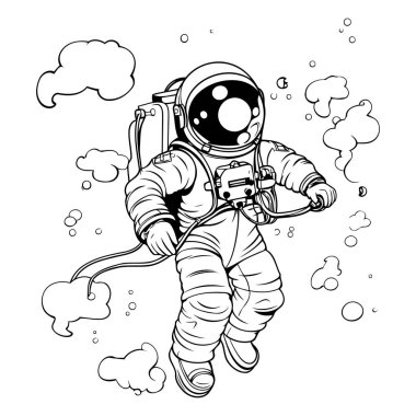 Bulutlarda uçan uzay giysili astronot. Vektör illüstrasyonu.