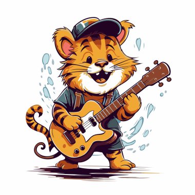 Tiger gitar çalıyor. Gitar çalan bir kaplanın vektör çizimi.