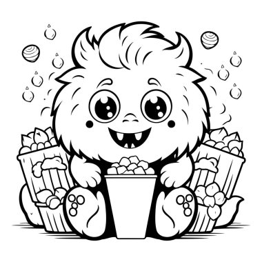 Patlamış mısır ve patlamış mısırlı şirin çizgi film canavarı. Vektör illüstrasyonu.