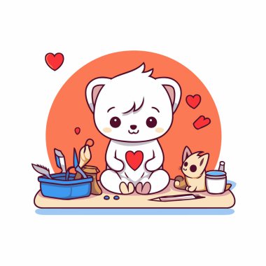 Yerde oturup boyalarla resim yapan şirin bir kutup ayısı. vektör illüstrasyonu