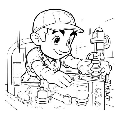 Bir Tesisatçı 'nın Fabrikadaki Boruyu Tamir Ettiği Çizimi