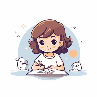 Not defterine yazan sevimli küçük kız. Vektör çizgi film illüstrasyonu.