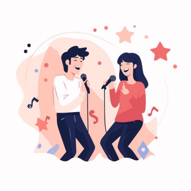 Erkek ve kadın birlikte karaoke yapıyorlar. Düz biçimli vektör illüstrasyonu