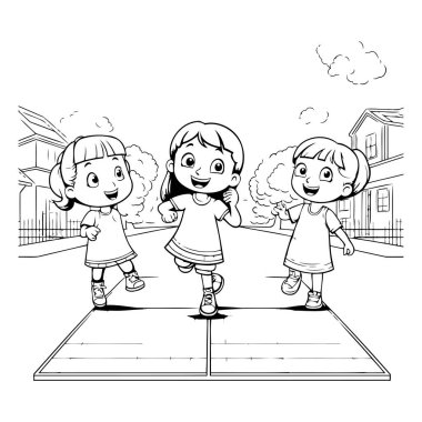 Şehirdeki çocuk parkında oynayan çocuklar. siyah ve beyaz vektör çizimi.