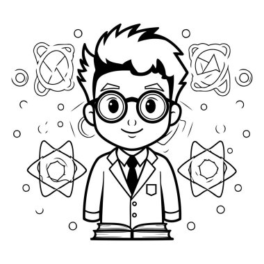 Siyahi ve Beyaz Çizgi Film Çizgi Romancı Çocuk veya Öğrenci Karakteri Boyama Kitabı Gözlüğü Giyiyor