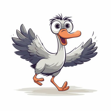 Beyaz arka planda kanatları olan çizgi film ördeği. Vektör illüstrasyonu.